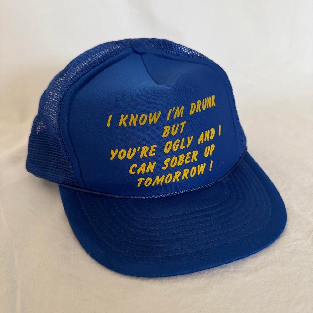 Vintage 80s Blue Trucker Hat Snapback Drunk Ugly Sober Ironic